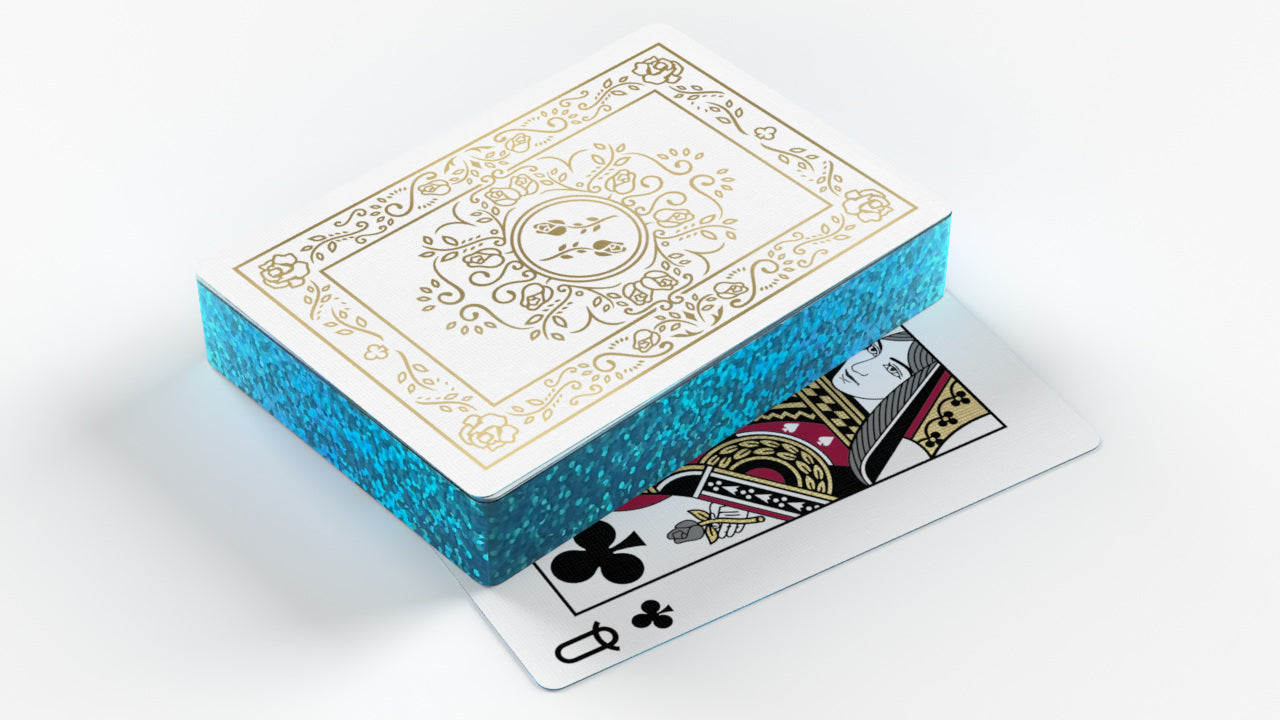 Blue Gilded Black Roses White Gold Foil Playing Cards Queen of Clubs