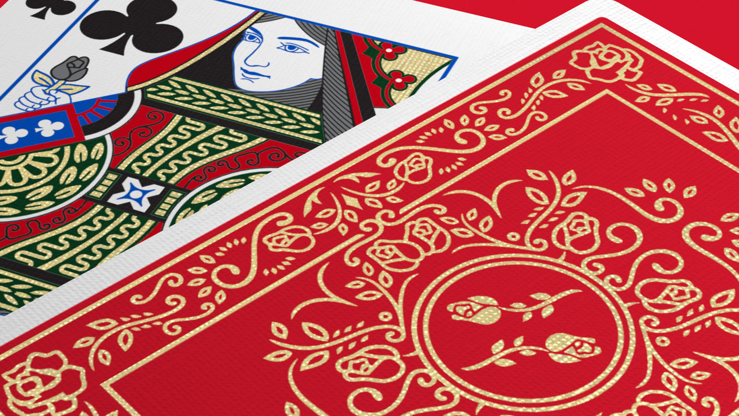 Red Roses Gold Foil Playing Cards Queen of Clubs