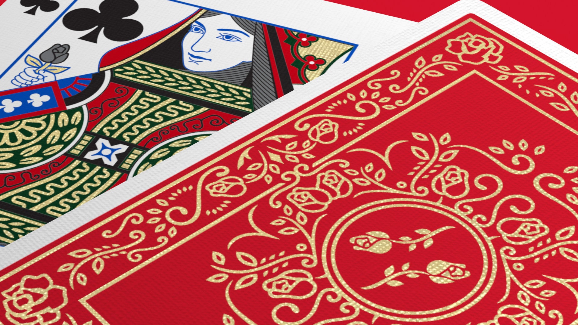 Red Roses Gold Foil Playing Cards Queen of Clubs