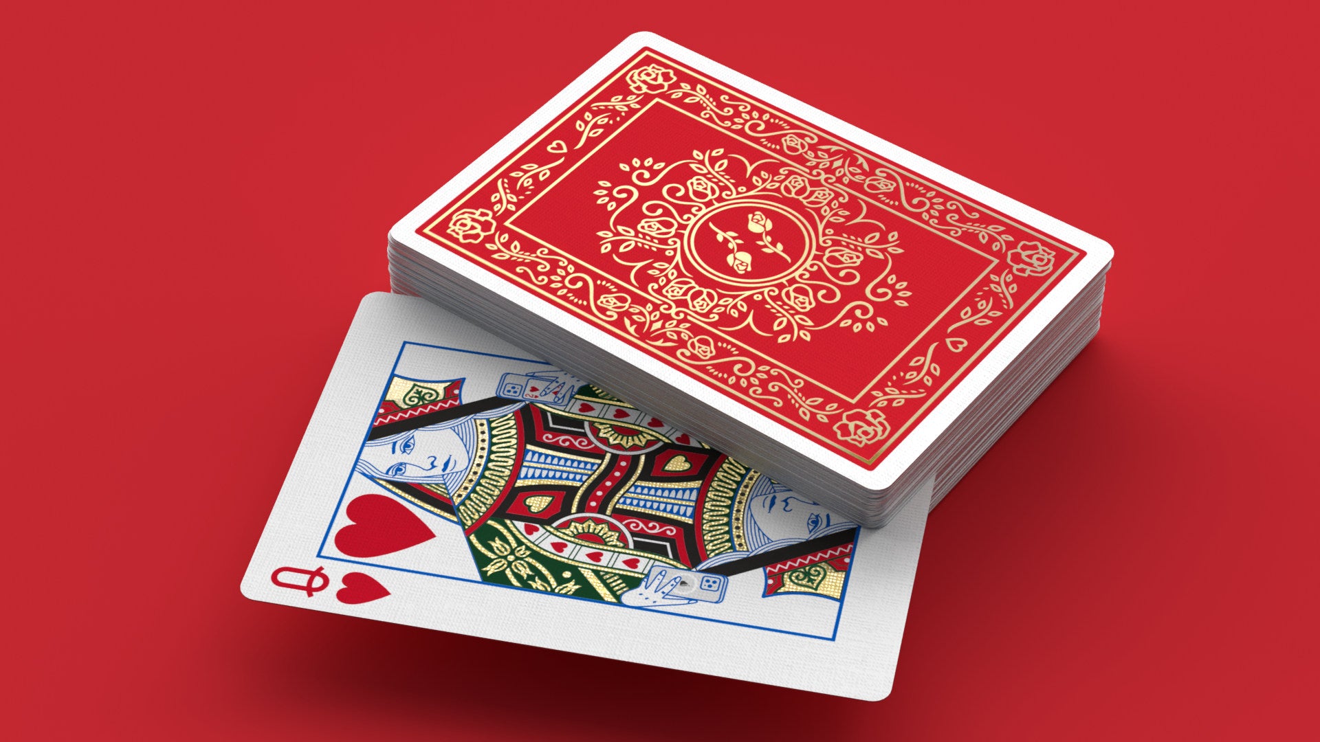 Red Roses Gold Foil Playing Cards Queen of Hearts