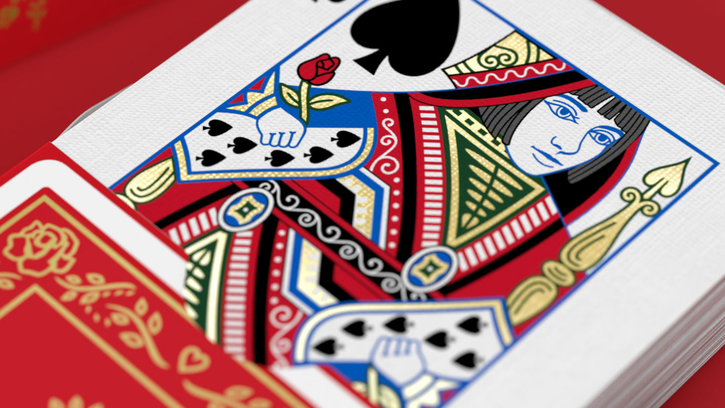 Red Roses Gold Foil Playing Cards Queen o Spades