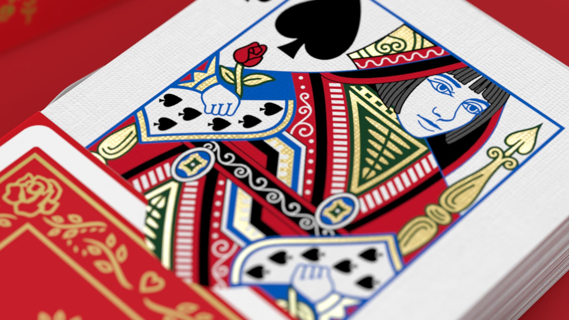 Red Roses Gold Foil Playing Cards Queen o Spades